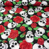Polyester Totenkopf Rosen schwarz weiß rot 1.5m Breite