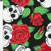 43213-Faschingsstoff-Polyester-Totenkopf-Rosen-sc_1.jpg Polyester Totenkopf Rosen schwarz weiß rot 1.5m Breite