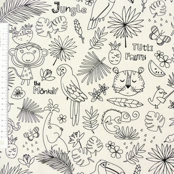 Baumwollstoff TROPIK Ausmalstoff Jungle Tiere weiß schwarz