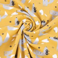 Baumwolljersey Jersey RELOU Hunde Superhelden senf grau weiß 1.5m