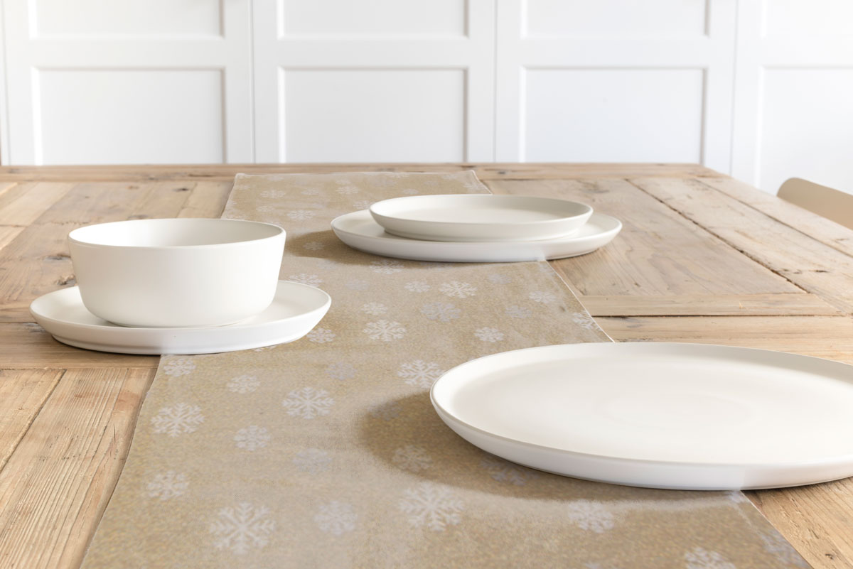 Dekostoff Lurex Wendestoff Weihnachten Schneeflocken beige gold 1.6m