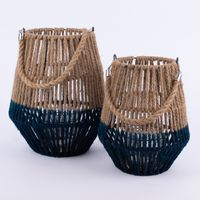 Laterne mit Kerzenglas Juteseil zweifarbig natur blau groß 27x32cm