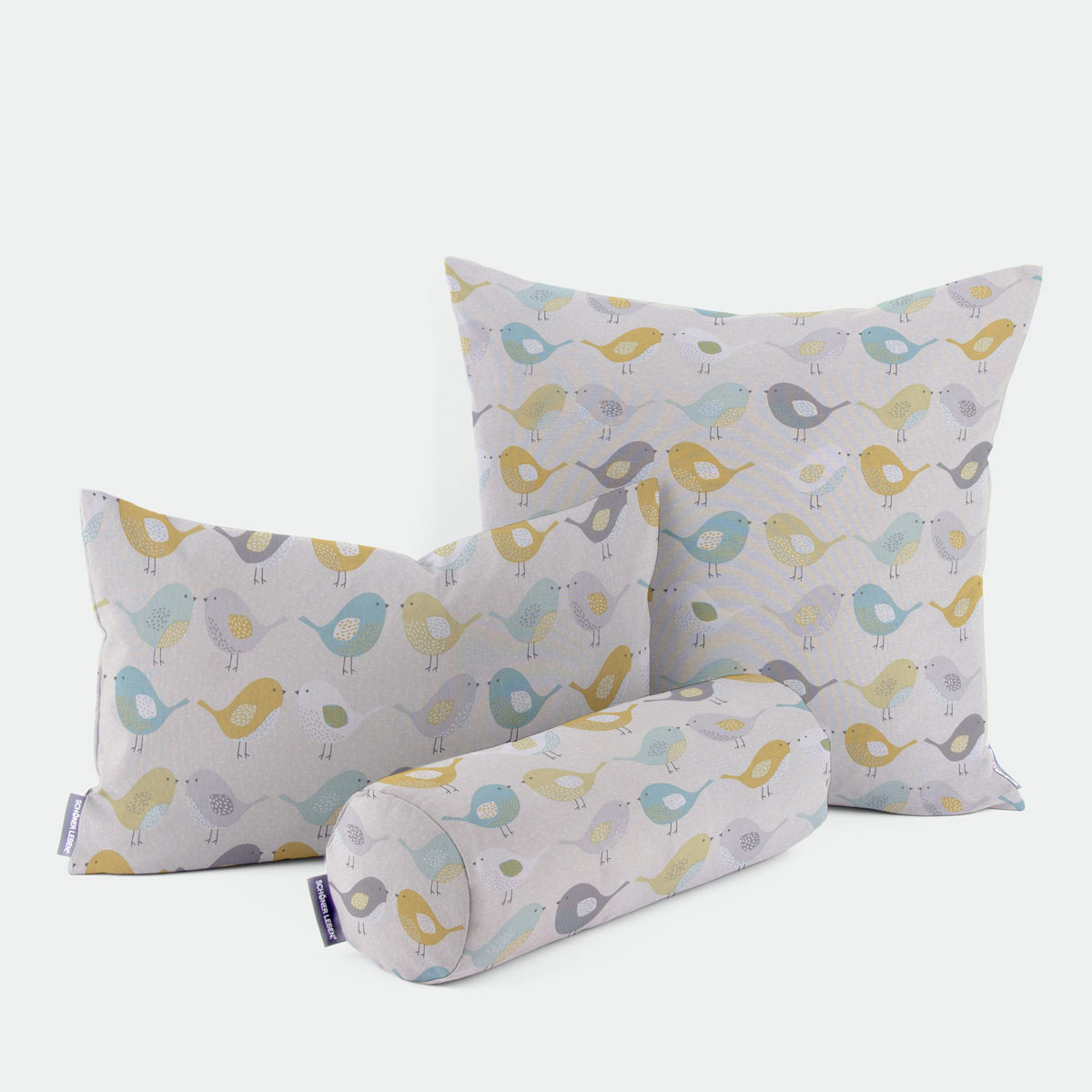 Fryett`s Dekostoff Baumwolle Birds Vögel beige grau mint senf 138cm