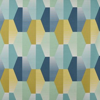 Dekostoff Baumwolle geometrisch Retro Sechseck blau grün weiß 1.4m