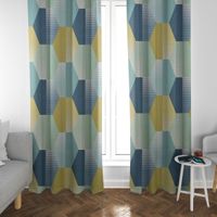 Dekostoff Baumwolle geometrisch Retro Sechseck blau grün weiß 1.4m