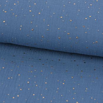 Bekleidungsstoff Double Gauze Musselin Punkte jeansblau gold 1.4m