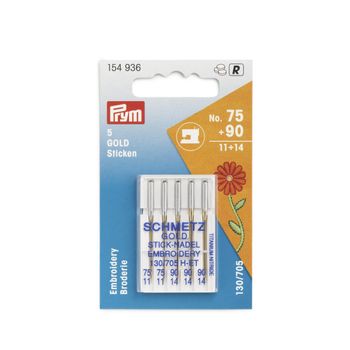 Prym Nähmaschinennadeln 130/705 GOLD Sticken No. 75+90 5 Stück
