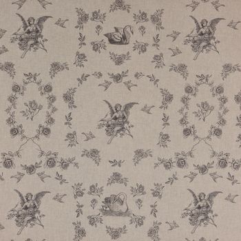 Dekostoff Halbpanama Leinenlook Engel Rosen Vogel natur schwarz 1.40m