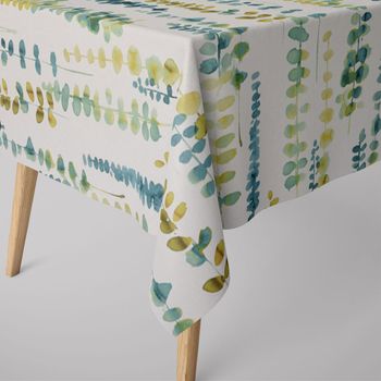 SCHÖNER LEBEN. Tischdecke Ranken Blätter Aquarell weiß grün blau