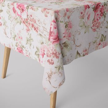 SCHÖNER LEBEN. Tischdecke Pfingstrosen Blüten Ornamente creme rosa pi