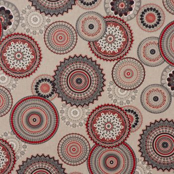 Dekostoff Halbpanama Leinenlook Mandalas natur rot 1.40m Breite