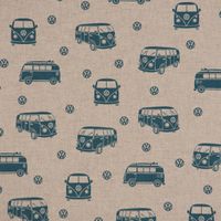 Dekostoff Leinenlook Lizenzstoff VW Bus Bulli natur petrol blau 1.40m