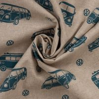 Dekostoff Leinenlook Lizenzstoff VW Bus Bulli natur petrol blau 1.40m