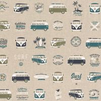 Dekostoff Lizenzstoff VW Bus Bulli California Surf natur petrol oliv 1