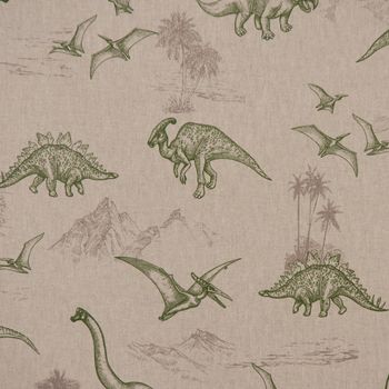 Dekostoff Halbpanama Leinenlook Dinosaurier natur grün 1.40m Breite