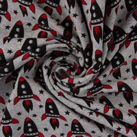 French Terry Sommersweat Rakete grau meliert schwarz rot 1.50m Breite