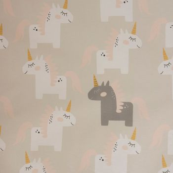 Dekostoff Baumwolle Einhörner beige weiß grau rosa raumhoch 2.80m