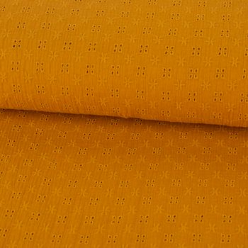 Double Gauze Musselin Lochstickerei Blumen uni ocker 1.35m Breite