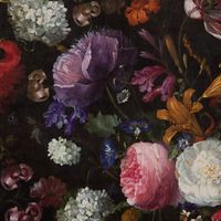 Samtstoff Dekostoff Samt Blumen Tulpen Pfingstrosen grün bunt 1.4m