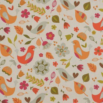Fryett`s Dekostoff Baumwollstoff Blumen Vögel beige bunt 138cm