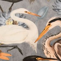 Samtstoff Dekostoff Samt Heron Bird Kranich Reiher Asia grau 1.45m