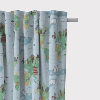 Kinderzimmer-Vorhang Fryett`s Halbpanama Kinder Weltkarte Tiere hellblau