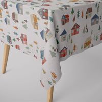 Dekostoff Baumwolle Alpine Twilight Häuser Tannenbäume ecru bunt 140