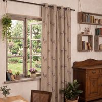 SCHÖNER LEBEN. Vorhang Fryett`s Halbpanama Landhaus Hirsch natur braun 245cm oder Wunschlänge Vorhang mit Hirschmotiv an einem Fenster, zeigt natuerlichen Fall und sanfte Faltenbildung.