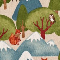 Dekostoff Wald Berge Wintertiere Fuchs Eule Waschbär natur grün blau