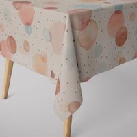 SCHÖNER LEBEN. Tischdecke weiß mit Kreisen Aquarell-Tupfen pastell