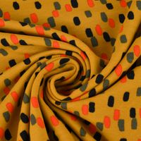 Sweatstoff Soft Sweat Tupfen Pinselstriche ocker grau schwarz orange 1