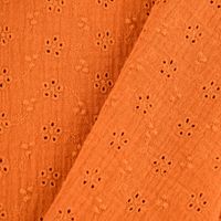 Double Gauze Musselin Lochstickerei Blumen Ranken uni orange 1.20m