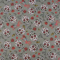 Baumwollstoff Totenköpfe Blumen Blätter altgrün rot mint 1.5m