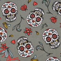 Baumwollstoff Totenköpfe Blumen Blätter altgrün rot mint 1.5m