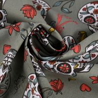 Baumwollstoff Totenköpfe Blumen Blätter altgrün rot mint 1.5m