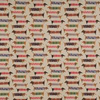 Dekostoff Halbpanama Baumwollstoff Dachshund Dackel beige bunt 1.40m