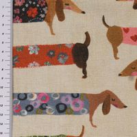 Dekostoff Halbpanama Baumwollstoff Dachshund Dackel beige bunt 1.40m