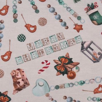 Dekostoff Kryst Merry Christmas Perlenschnur natur mint 1.40m Breite