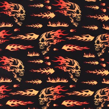 Faschingsstoff Polyester Totenköpfe Flammen schwarz orange 1.5m