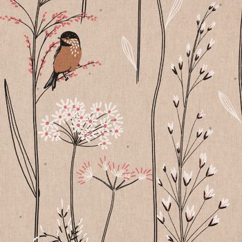Dekostoff Soft Branch Blüten Gräser Vögel natur rosa 1.40m