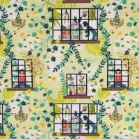 Baumwollstoff Popeline Fenster Garten Blumen Ranken grün bunt 1.50m