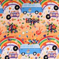 Faschingsstoff Polyester Flower Power Hippies Bus Camper bunt 1.5m