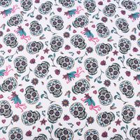 Baumwollstoff Totenköpfe Blumen Blätter weiß pink türkis 1.5m