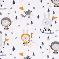 Baumwollstoff SKIMO Eskimo Hase Igel Schlitten Bäume weiß blau grau o