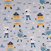 Baumwollstoff Popeline PIRATES Pirat Hase Bär Sterne grau blau ocker 1.45m Breite