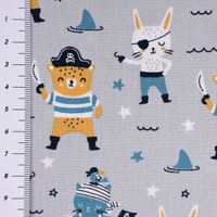 Baumwollstoff Popeline PIRATES Pirat Hase Bär Sterne grau blau ocker 1.45m Breite