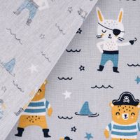 Baumwollstoff Popeline PIRATES Pirat Hase Bär Sterne grau blau ocker 1.45m Breite