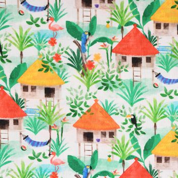 LeQuilt Patchworkstoff Baumwollstoff Popeline Gamboa Hütten weiß grün 115cm Breite
