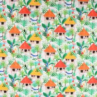 LeQuilt Patchworkstoff Baumwollstoff Popeline Gamboa Hütten weiß grün 115cm Breite