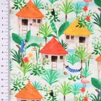 LeQuilt Patchworkstoff Baumwollstoff Popeline Gamboa Hütten weiß grün 115cm Breite